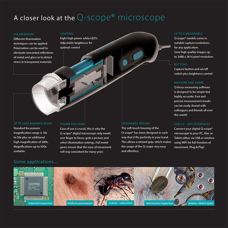 Q-Scope 2.0MP hndholdt mikroskop m/LED & IR (10-50x, 200x)